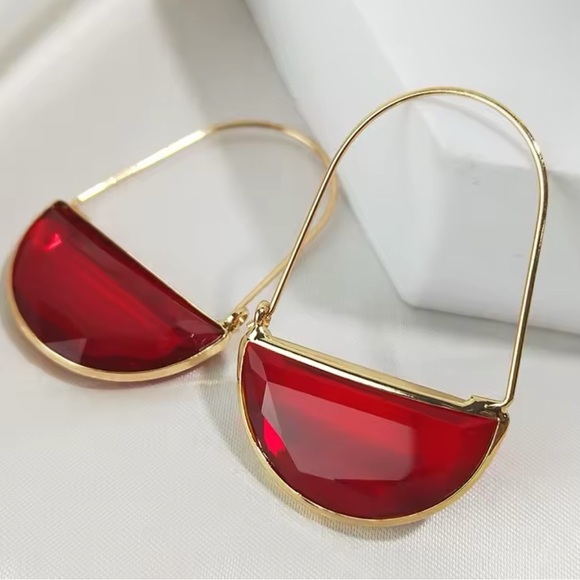 Red Crescent Glass Closed Hoops Earrings - Picture 2 of 11